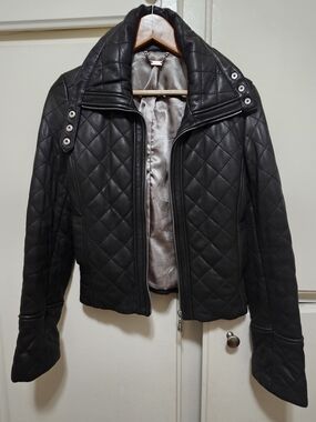 Doma Leather Quilted Black Women's Jacket with Snap Collar (S)